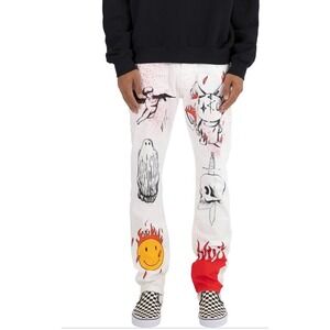 mnml D402 Handy Work Straight Leg Graphic Jeans - White - Men's Size 40